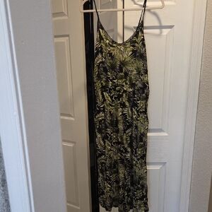 No Boundaries Black and Olive Tropical Print Slip Jumpsuit